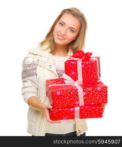 Young girl wth gift boxes isolated