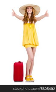 Young girl wth travel case thumbs up isolated on white