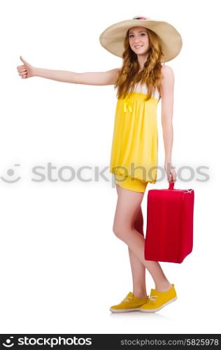 Young girl wth travel case thumbs up isolated on white