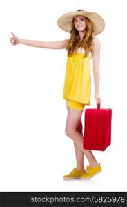 Young girl wth travel case thumbs up isolated on white