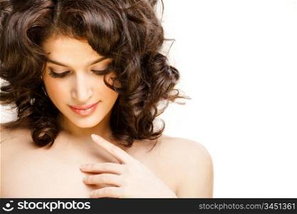 young gorgeous brunette model posing over white background, beauty shot