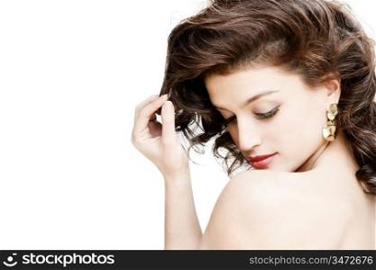 young gorgeous brunette model with eyes closed, studio shot