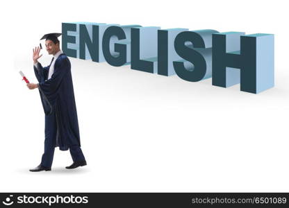 Young graduate in english language education concept on white