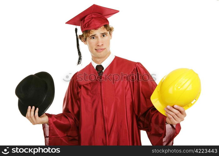 Young graduate trying to decide on a career path. Isolated on white.