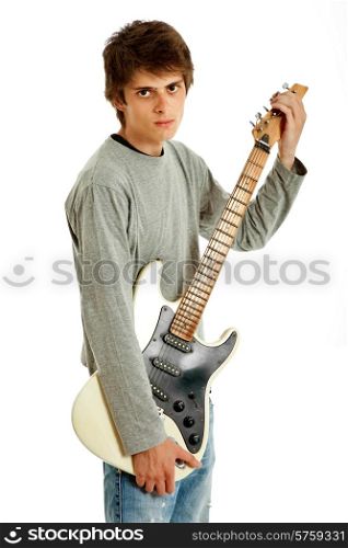young guitar kid isolated on white background