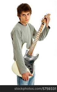 young guitar kid isolated on white background