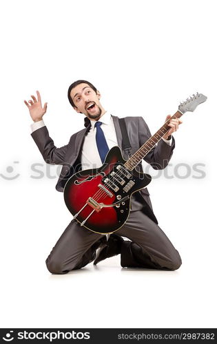 Young guitar player isolated on white