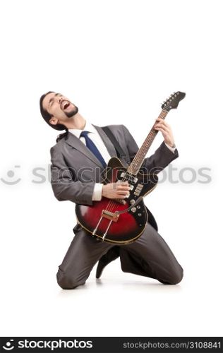 Young guitar player isolated on white