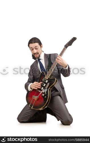 Young guitar player isolated on white