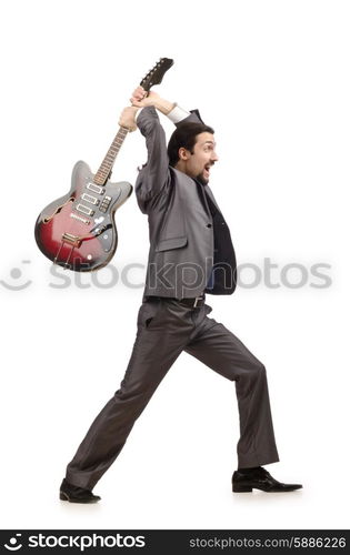 Young guitar player isolated on white