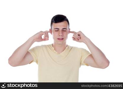 Young guy covering his ears isolated on a white background