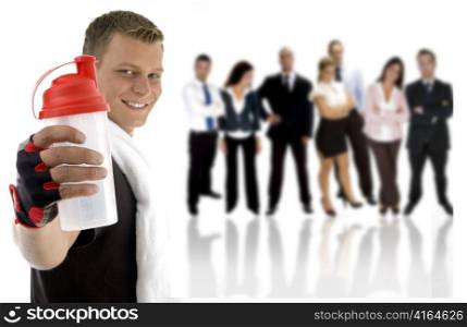 young guy showing sipper bottle and his team standing on his back