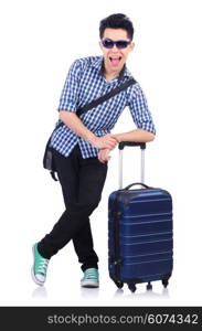 Young guy with travel case on white