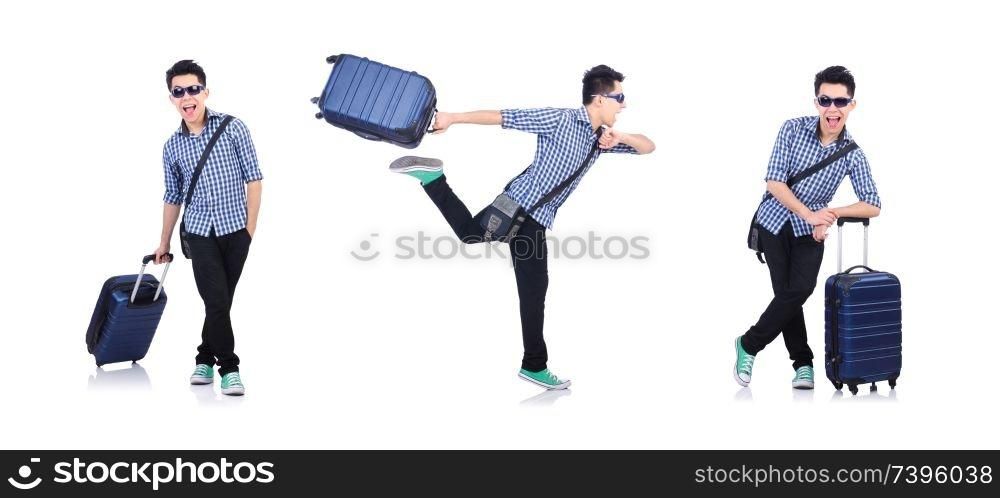 Young guy with travel case on white
