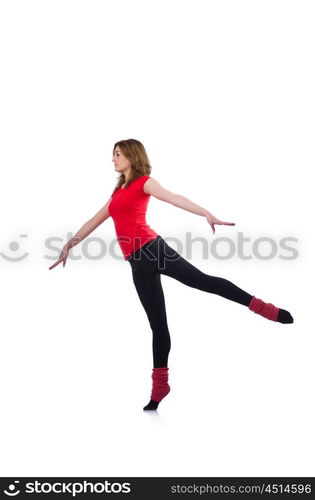 Young gymnast exercising on white