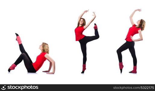 Young gymnast exercising on white