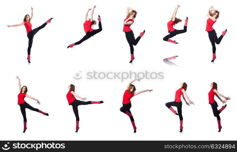 Young gymnast exercising on white