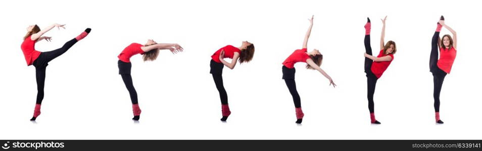 Young gymnast exercising on white