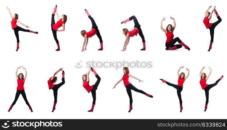 Young gymnast exercising on white