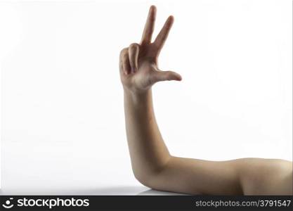 Young hands makes a gesture: number three sign with 3 fingers