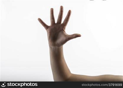 Young hands makes a gesture: sign of 5 fingers