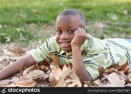 Young Handsome African American Boy Playing in the Park Among the Leaves.