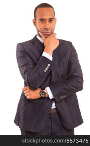 young handsome african business man posing isolated over white