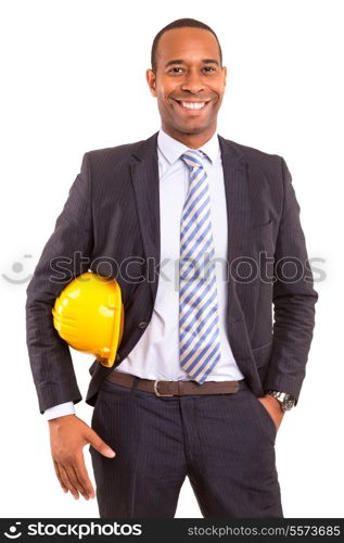 young handsome african business man posing isolated over white