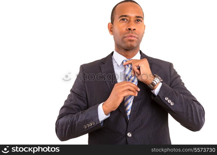 young handsome african business man posing isolated over white