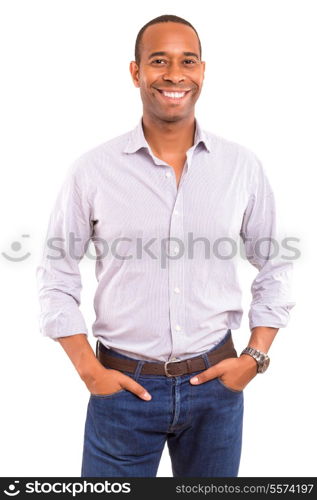 young handsome african business man posing isolated over white