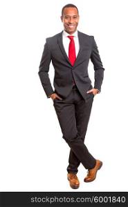 Young handsome african business man posing isolated over white