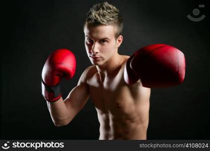 Young handsome boxer man isolated on black, studio shot