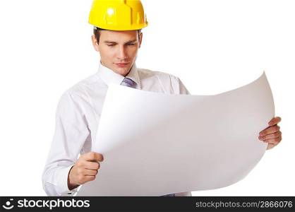 Young handsome builder isolated on white