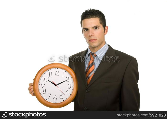 young handsome business man holding a clock