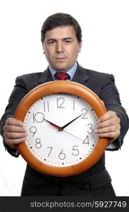 young handsome business man holding a clock