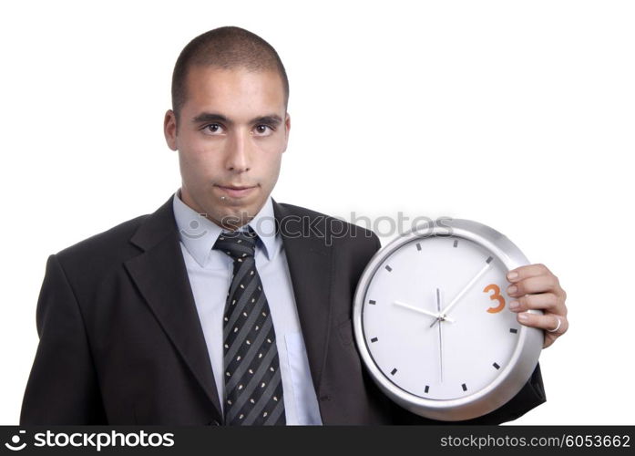 young handsome business man holding a clock