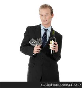 Young handsome business man with bottle of wine and glass , isolated on white