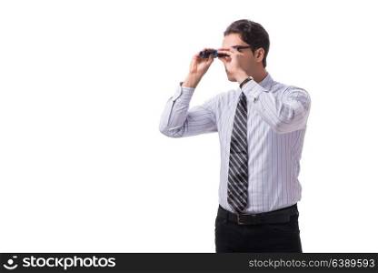 Young handsome businessman looking into future with binoculars