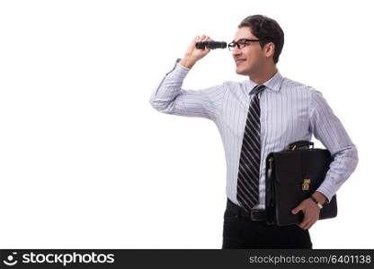 Young handsome businessman looking into future with binoculars