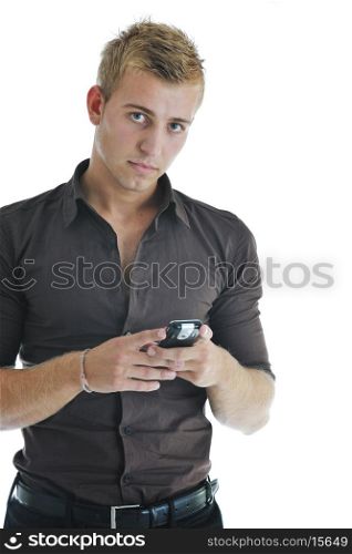 young handsome businessman with cellphone isolated on white