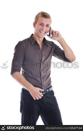 young handsome businessman with cellphone isolated on white