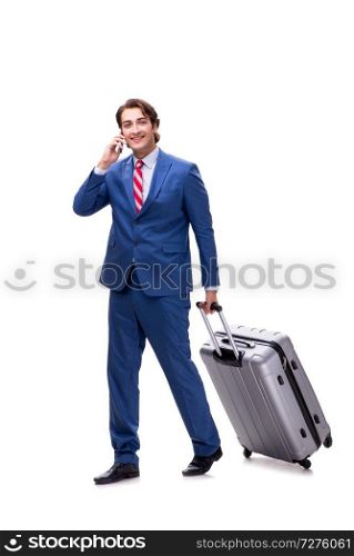 Young handsome businessman with suitcase isolated on white 