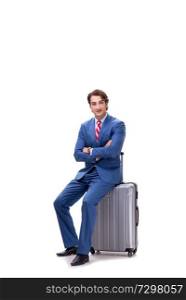 Young handsome businessman with suitcase isolated on white 
