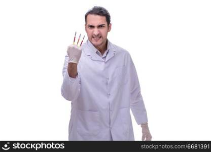 Young handsome doctor with syringe isolated on white 