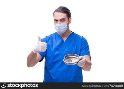 Young handsome doctor with syringe isolated on white 