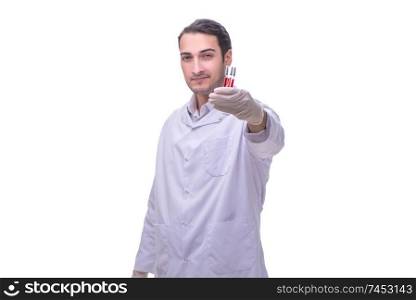 Young handsome doctor with syringe isolated on white 