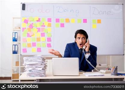 Young handsome employee in front of whiteboard with to-do list  