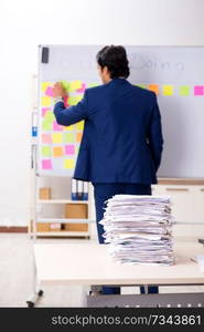 Young handsome employee in front of whiteboard with to-do list  