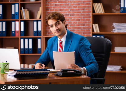 Young handsome employee sitting in the office  