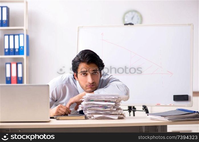 Young handsome financial speciaist in front of white board 